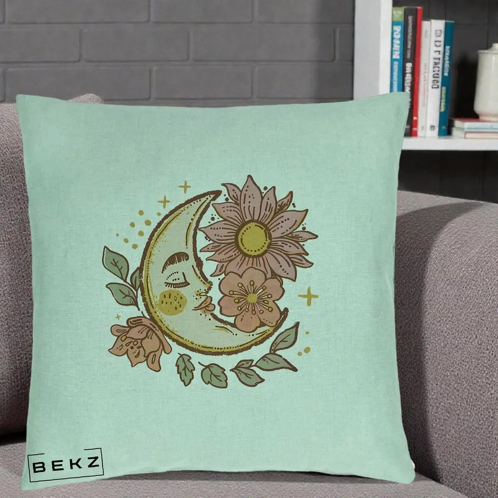Perna Personalizata Luna Boho Chip Floral, 40x40 cm, Verde Menta, Husa Detasabila, Perna Inclusa, BEKZ®