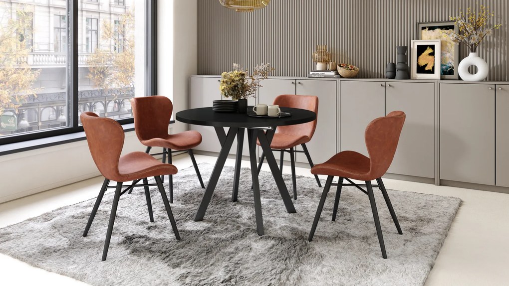 Mazzoni ALMO Negru/picioare negre - MASĂ ROTUNDĂ EXTENSIBILĂ CU PICIOARE ÎN FORMĂ DE Y STIL LOFT PENTRU SALON/SUFRAGERIE