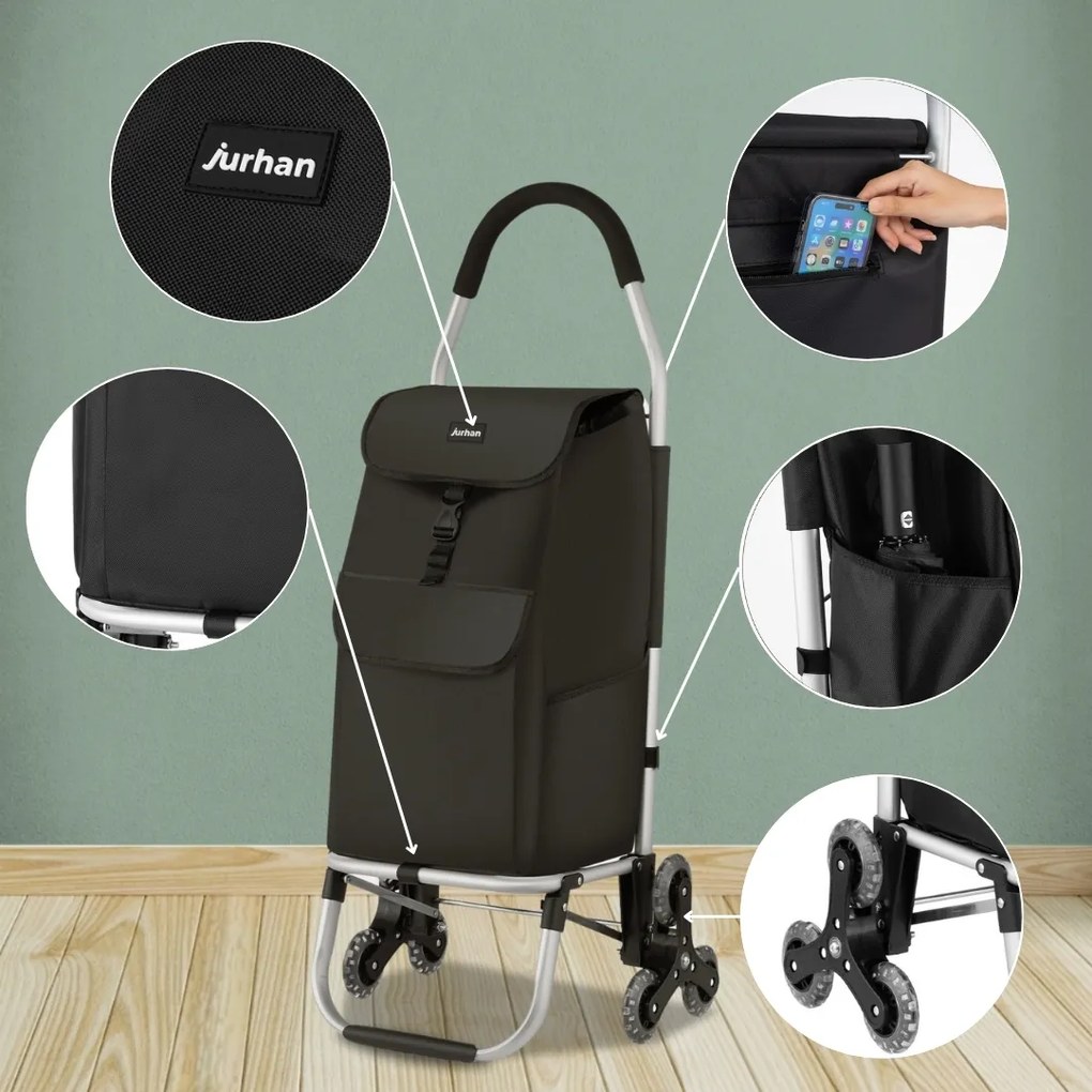 Jurhan Punga de cumpărături Shopper, cu roți pentru scări, 45L, 101x45x39 cm, neagră