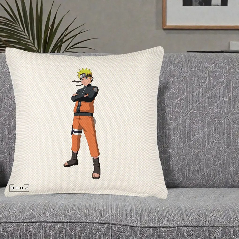 Perna Personalizata Naruto Uzumaki Portret Complet, 40x40 cm, Crem Reliefat, Husa Detasabila, Perna Inclusa, BEKZ®