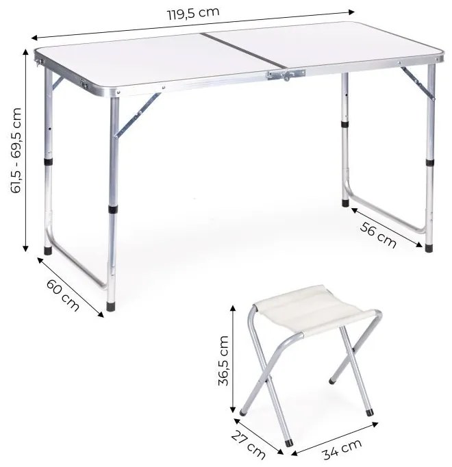 Masă de catering pliabilă 119,5 x 60 cm albă cu 4 scaune