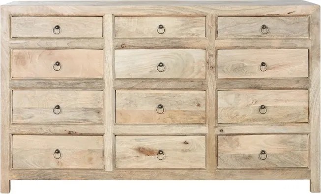 Comodă din lemn de mango, natur, 12 sertare cu mânere metalice inelare, finisaj natural, 83 x 150 x 45 cm, „Marais”
