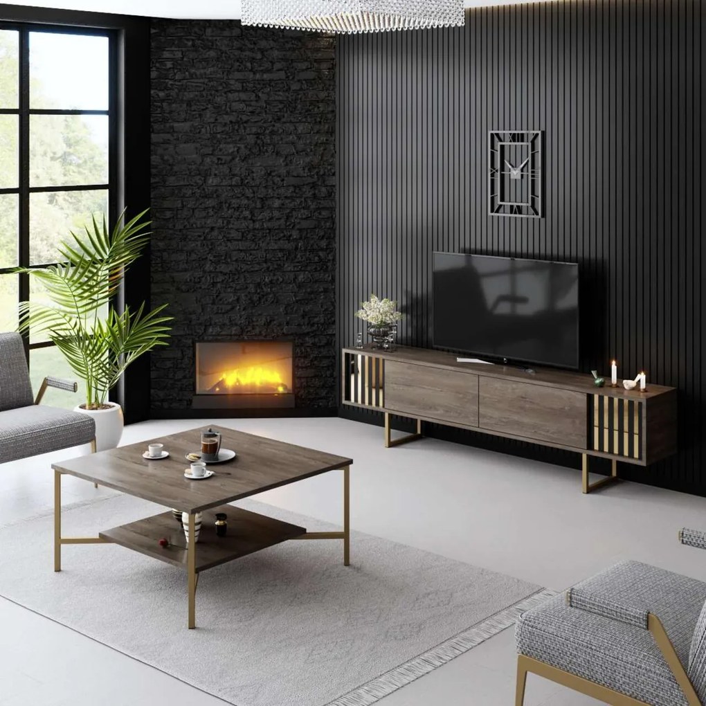 Comoda TV, Hanah Home, Gold Line, 180x30x48 cm, Nuc / Aur
