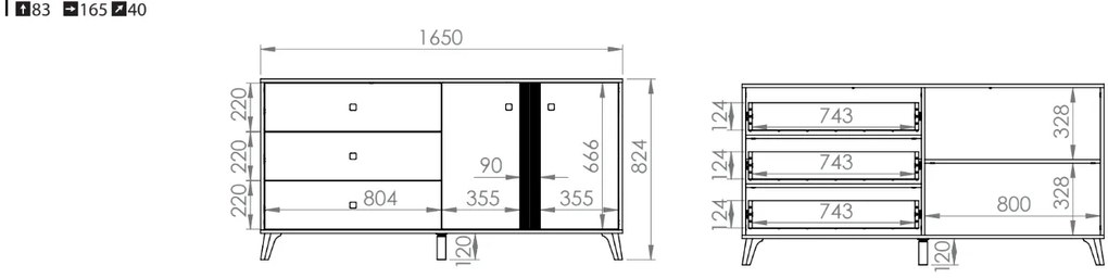 Comoda cu 3 sertare si 2 usi, stejar artisan negru, 165x83x40 cm, modern ,model pe mijloc usa, picioare negre , pentru living , dormitor, hol stejar