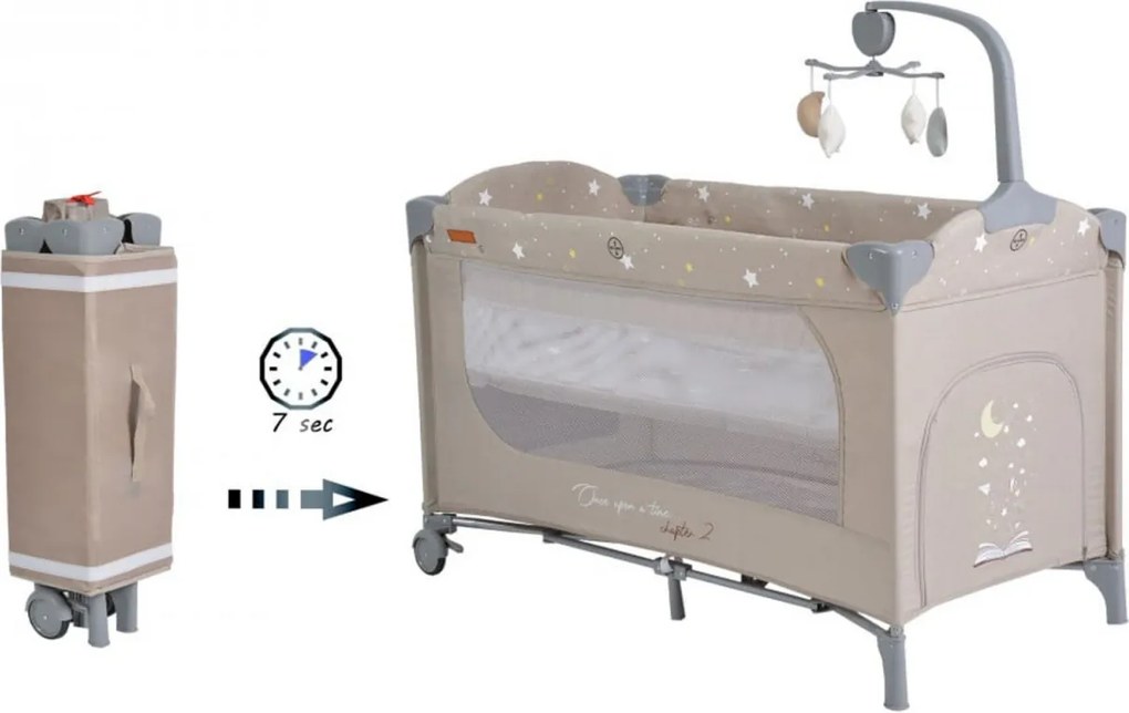 Patut pliant transformabil in tarc copii NOVOKIDS™ Onceuponatime NEST, 62X125 cm, 2 Niveluri, Jucarie Carusel muzical, Fermoar acces lateral, Bej