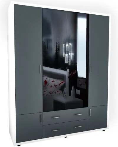 Dulap Torino cu oglinzi, 165 x 54 x 202 cm, Alb / Gri