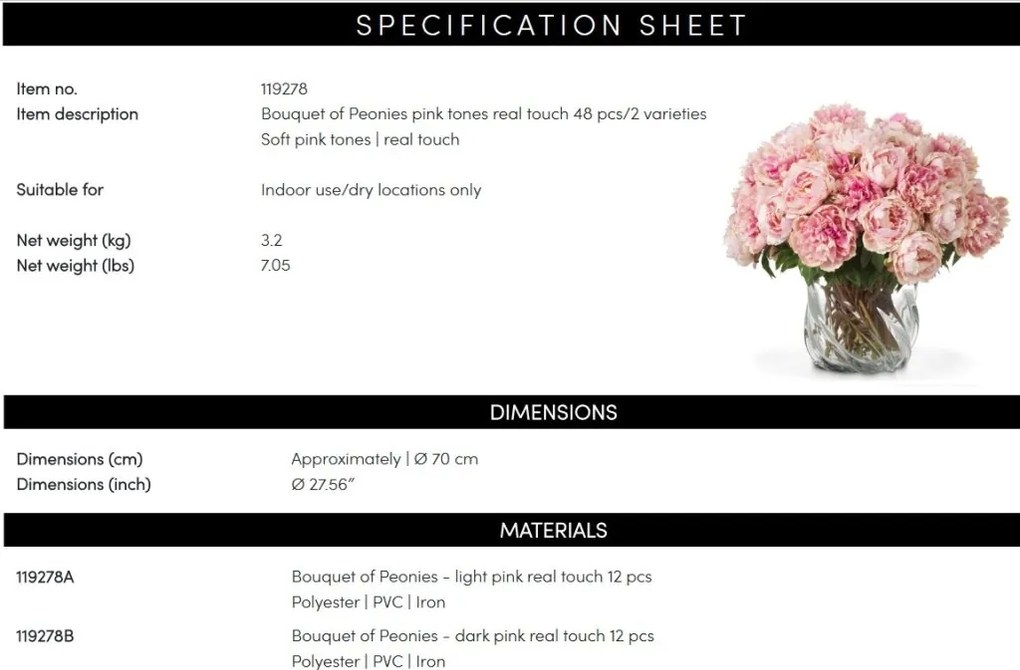 Buchet artificial LUX din 48 de bujori roz, Peonies