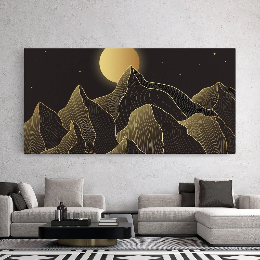 Tablou Canvas, 50x100cm, Dormitor si Living, Peisaje, Munti, Gold Shiny Moon
