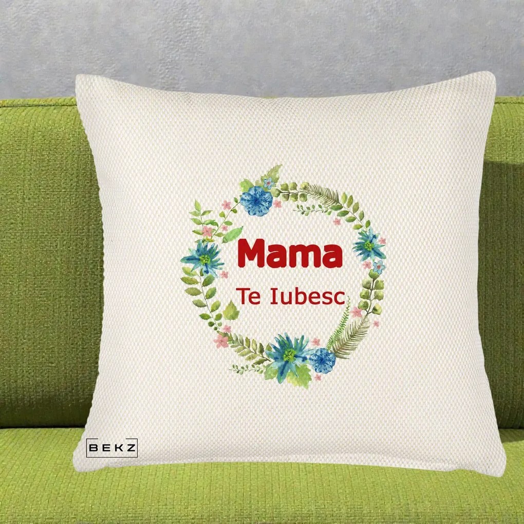 Cadou pentru Mama - Perna Personalizata Mama Te Iubesc Flori Albastre, 40x40 cm, Crem Reliefat, Husa Detasabila, Perna Inclusa, BEKZ®