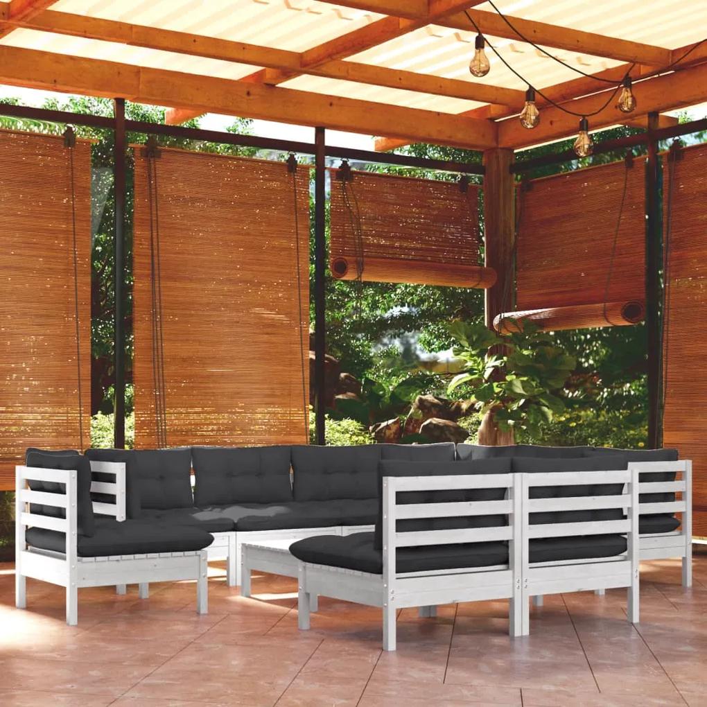 3096750 vidaXL Set mobilier grădină cu perne, 10 piese, alb, lemn masiv pin