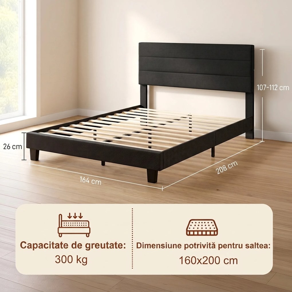 HOMCOM Cadru de Pat Dublu cu Lamele, 160x200cm, Negru | Aosom Romania