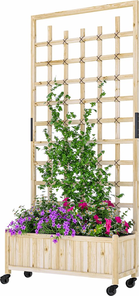 Outsunny Jardinieră cu spalier, ghiveci pe roți, pentru plante agățătoare, lemn masiv, 82,5x35x186cm, lemn natural | Aosom Romania
