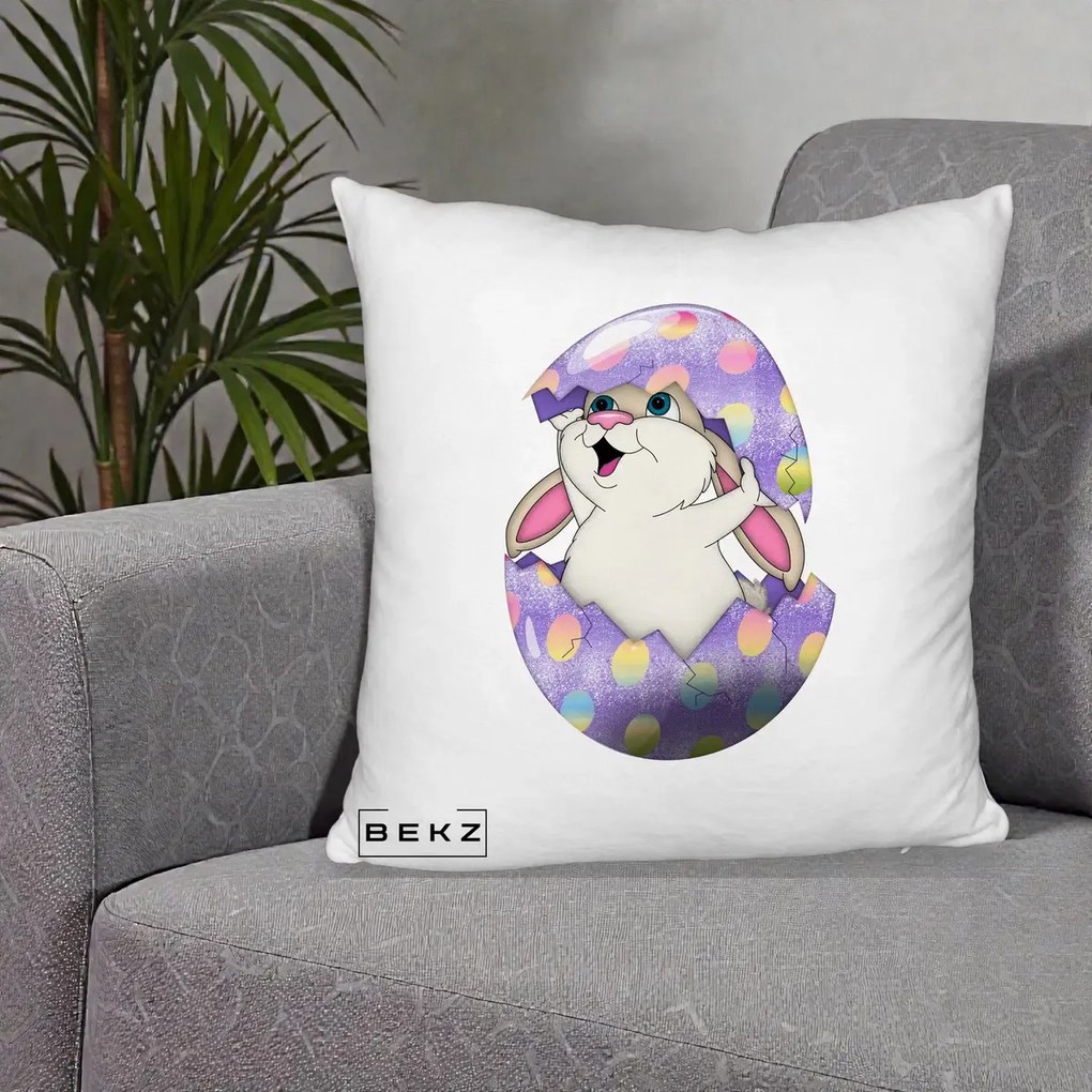 Perna Decorativa Iepuras din Ou de Pasti, 40x40 cm, Alb Pufos, Husa Detasabila, Perna Inclusa, BEKZ®