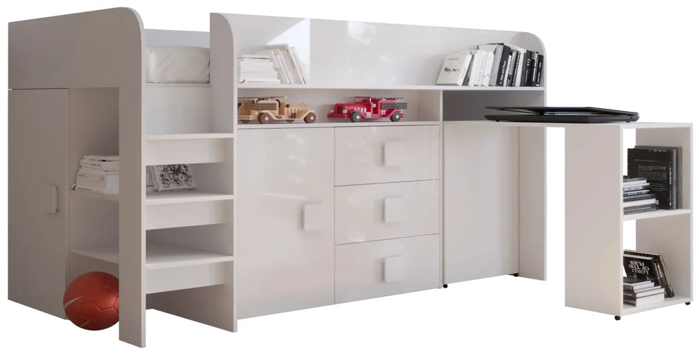 Pat multifuncțional 90 cm Toreno 1 (Alb + alb lucios + mânere alb lucios). 1083307