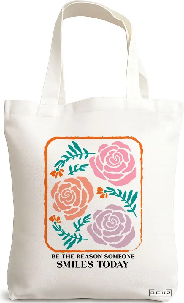 Sacosa de Panza pentru Cumparaturi, Geanta Tote, model Be the reason someone smiles today 38 x 34.5 cm, Alba, BEKZ®