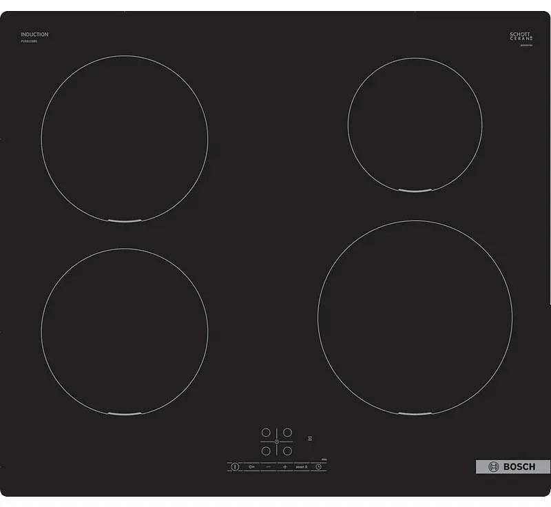 Plita vitroceramica incorporabila Bosch PUE611BB5E, 4600W, 4 zone, 17 trepte, TouchSelect, ReStart, Inductie, Negru