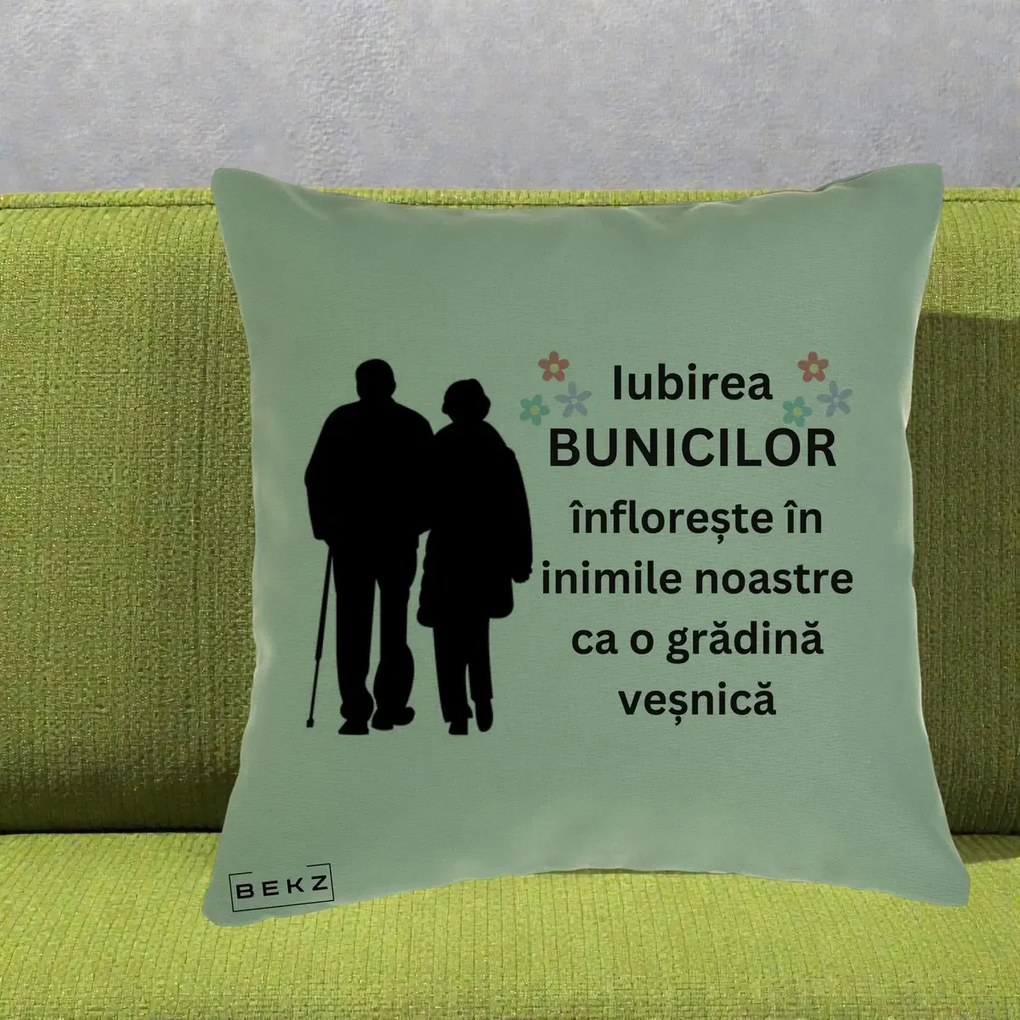 Cadou pentru Bunici - Perna Personalizata Bunicii Iubirea Infloreste Silueta Neagra Flori, 40x40 cm, Verde, Husa Detasabila, Perna Inclusa, BEKZ®