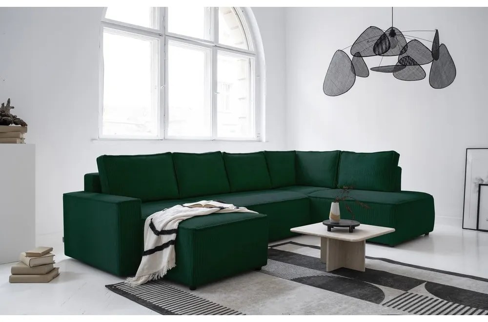 Colțar verde închis extensibil cu tapițerie din catifea reiată (cu colț pe partea dreaptă/în formă de "U") Brave Dave – Miuform