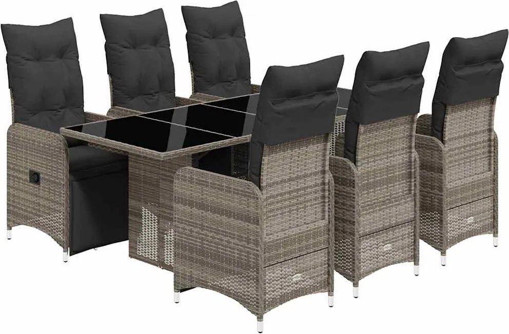 vidaXL Set bistro de grădină cu perne, 7 piese, gri, poliratan