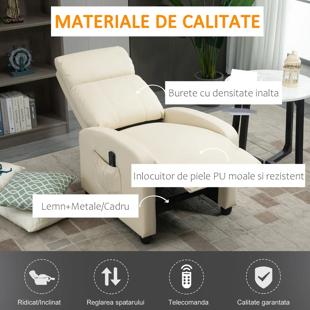 HOMCOM Fotoliu Masaj Rabatabil cu Funcție de Masaj, cu Suport pentru Picioare, Ideal pentru Relaxare, 68x88x98 cm, Crem