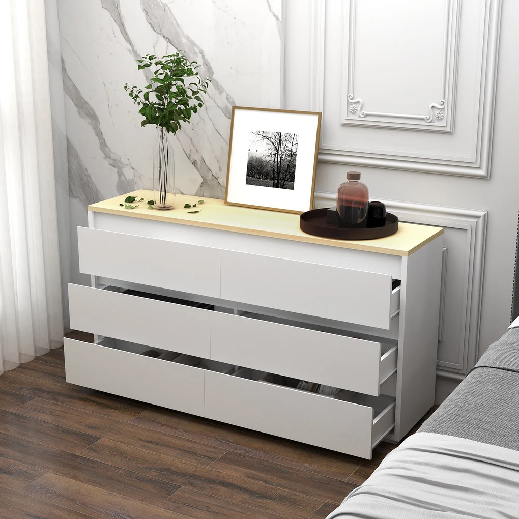 HOMCOM Comodă Depozitare, 6 Sertare, Mobilier Dormitor/Cameră de Zi, Alb/Lemn Natural | Aosom Romania