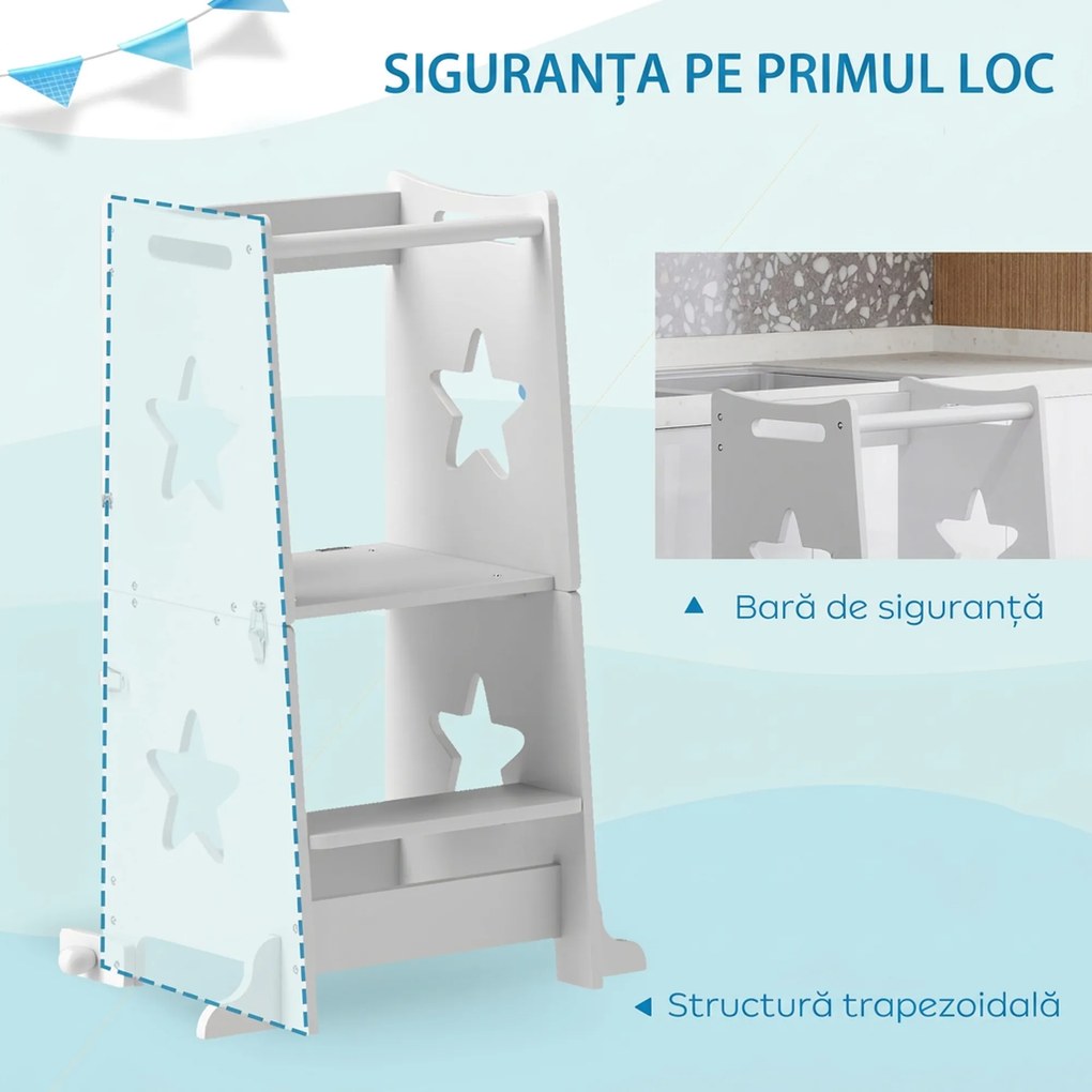 AIYAPLAY Turn de Învățare Convertibil în Set Masă și Scaune cu Bară de Siguranță, 60x44,5x86 cm, Alb | Aosom Romania
