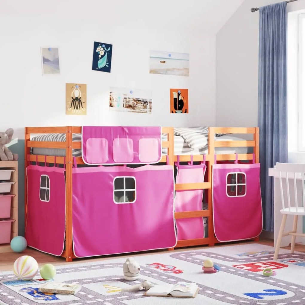 vidaXL Pat supraetajat cu perdele, roz, 75x190 cm, lemn masiv pin