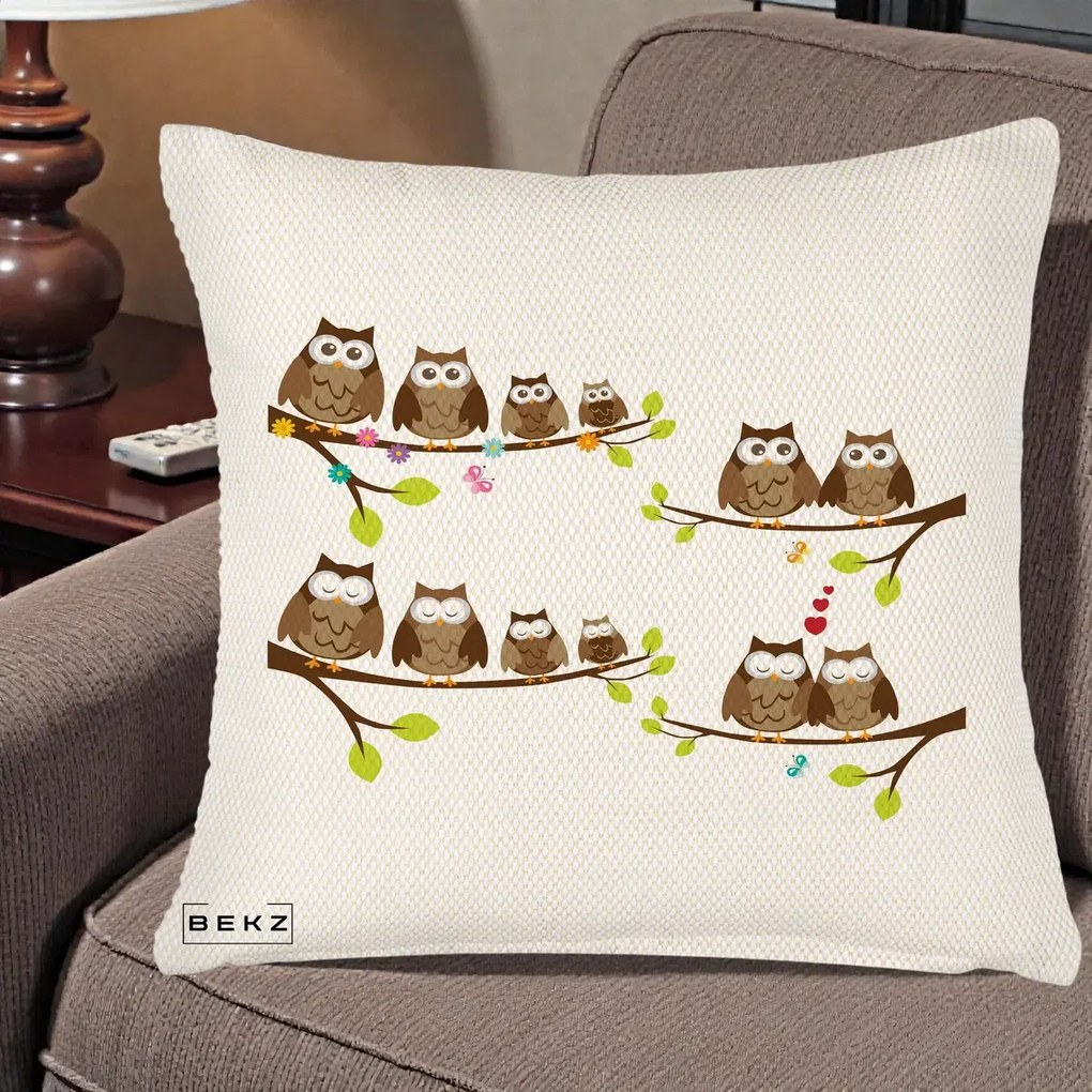 Perna Decorativa Familie de Bufnite pe Ramuri, 40x40 cm, Crem Reliefat, Husa Detasabila, Perna Inclusa, BEKZ®