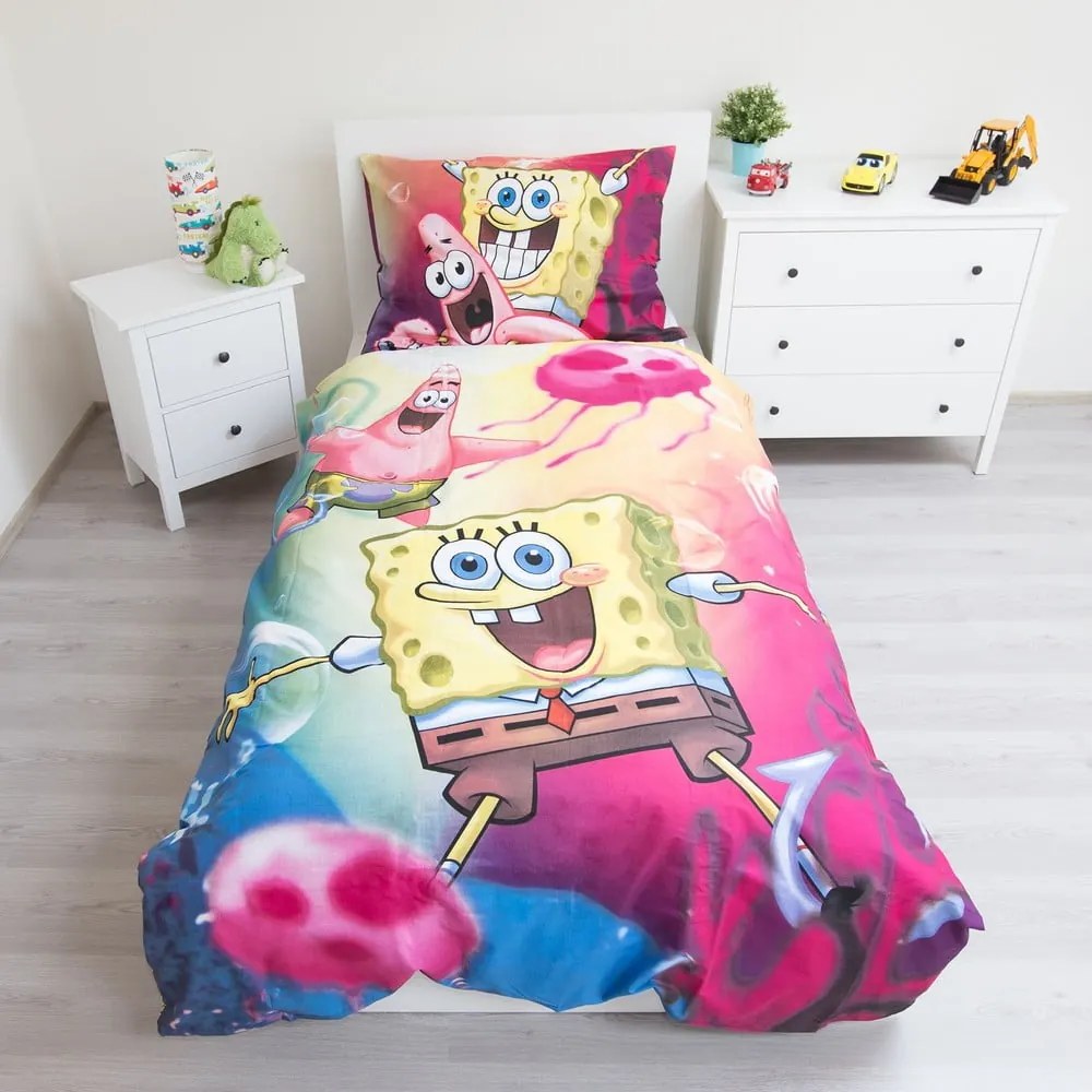 Lenjerie de pat pentru copii din bumbac pentru pat de o persoană 140x200 cm Sponge Bob – Jerry Fabrics