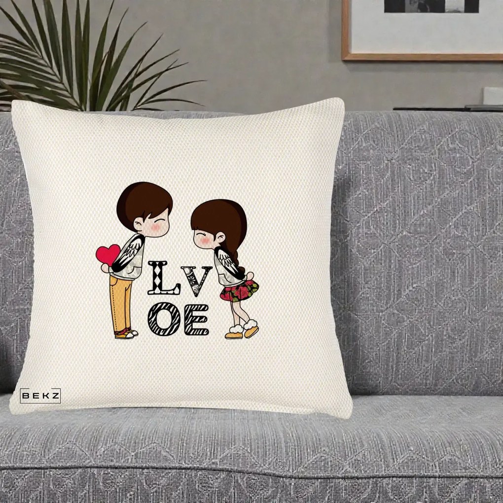 Cadou Romantic - Perna Personalizata Cuplu Kawaii LOVE, 40x40 cm, Crem Reliefat, Husa Detasabila, Perna Inclusa, BEKZ®