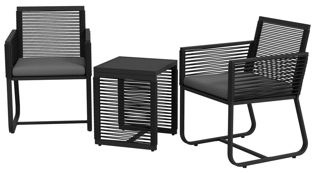 Outsunny Set de Mobilier de Grădină din 3 Piese din Ratan, Set cu Masă din Sticlă Securizată și Perne Moi, 53x57x77 cm, Negru | Aosom Romania