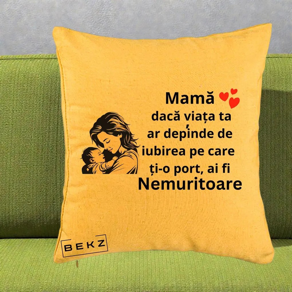 Cadou pentru Mama - Perna Personalizata Mama Nemuritoare Aproape de Bebe, 40x40 cm, Galben, Husa Detasabila, Perna Inclusa, BEKZ®
