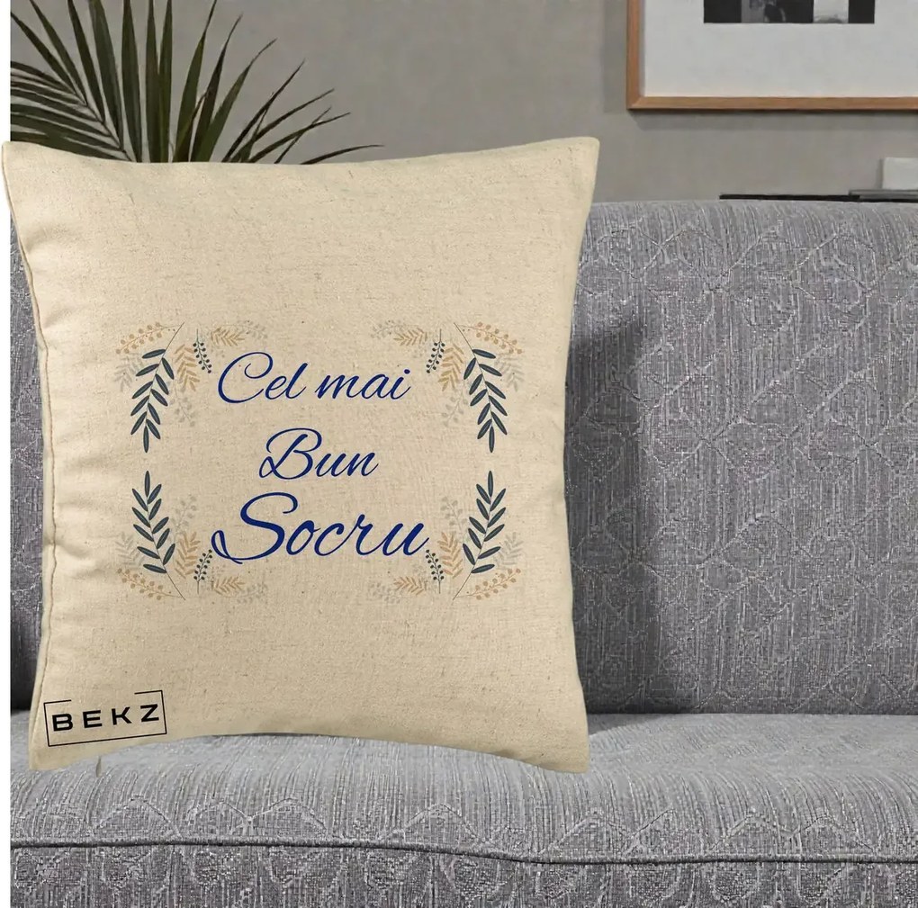 Cadou pentru Socru - Perna Personalizata Cel mai Bun Socru cu Ramuri Frunze Albastre si Aurii, 40x40 cm, Bej, Husa Detasabila, Perna Inclusa, BEKZ®