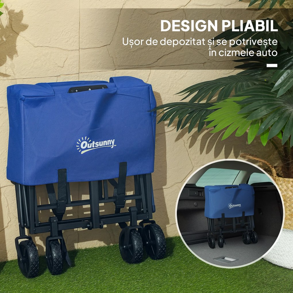 Outsunny Trolley de 62L pentru Festivaluri pe Roți, Cărucior de Grădină Pliabil, Wagon Compact cu Capacitate 120kg, Mâner Reglabil și Geantă pentru Plajă, Camping, Festivaluri, Albastru | Aosom Romania