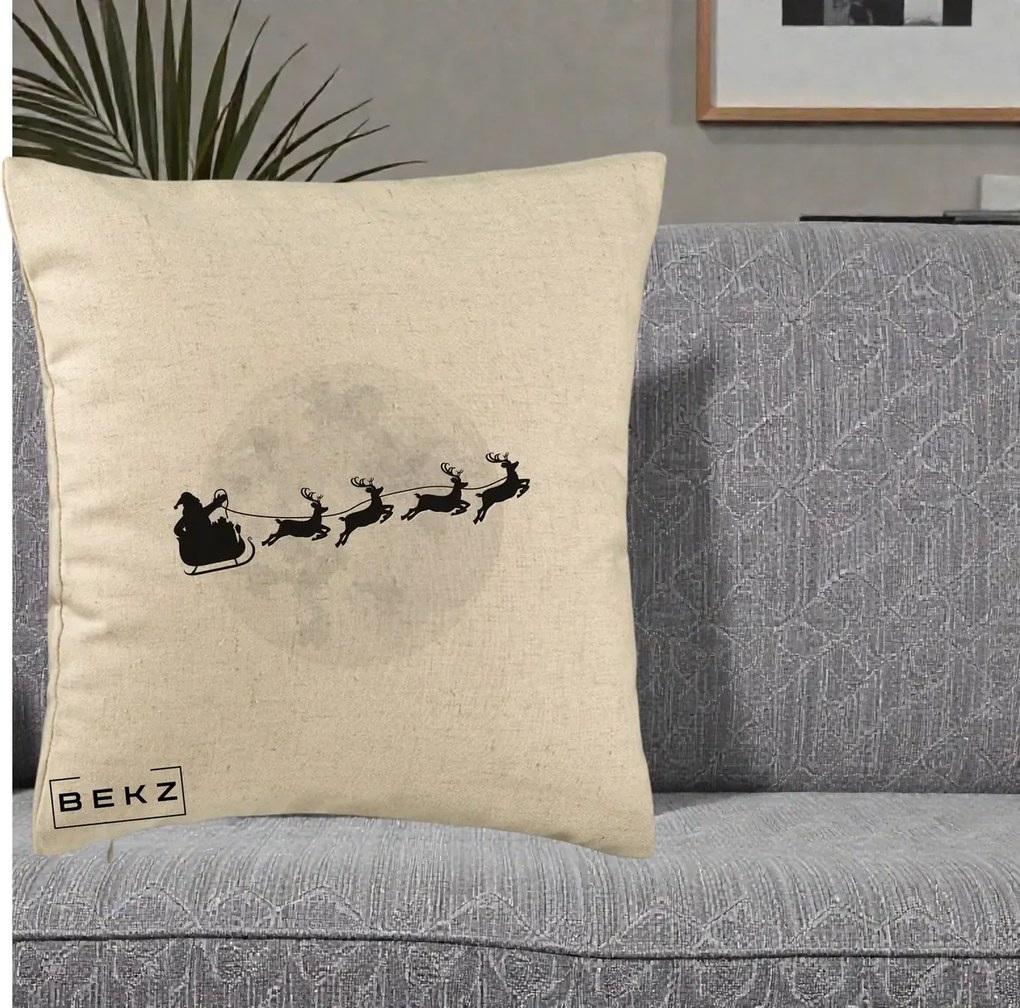 Perna Decorativa Mos Craciun Sanie Luna, 40x40 cm, Bej, Husa Detasabila, Perna Inclusa, BEKZ®