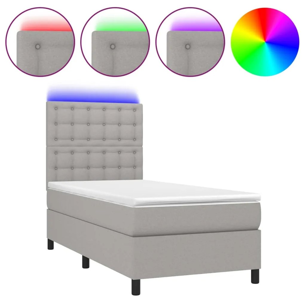 3135149 vidaXL Pat cu arcuri, saltea și LED, gri deschis, 80x200 cm, textil