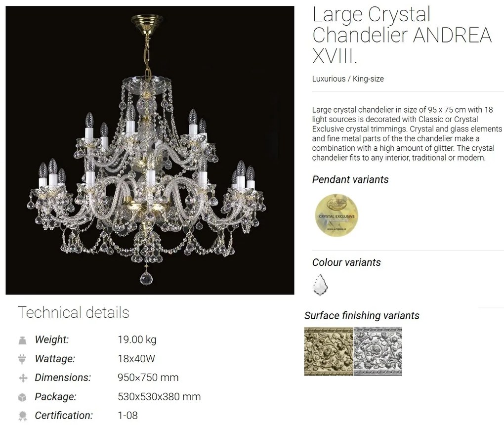 Candelabru XXL Cristal Bohemia Exclusive 18 brate, ANDREA XVIII