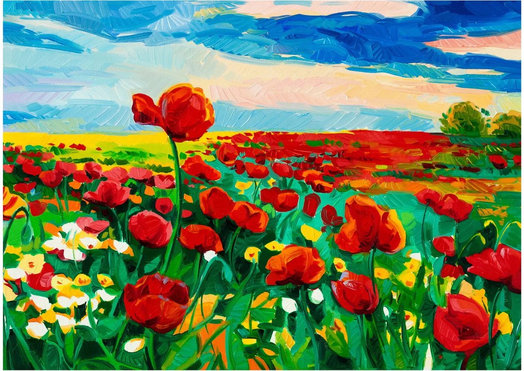 Tablou pe sticlă - Câmp cu maci (70x50 cm)