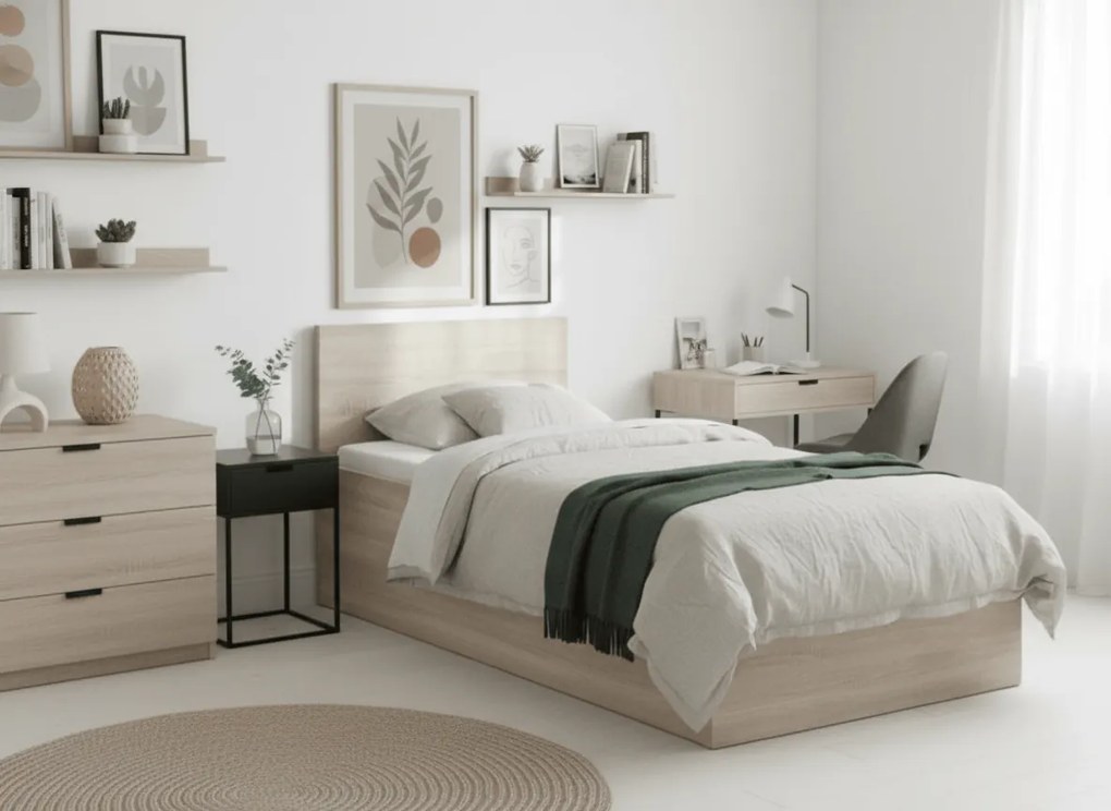 Pat de o persoana stejar sonoma, SOFIA 90 x 200 cm Saltele: Cu saltele Coco Maxi 20 cm, Somiera pat: Cu lamele drepte