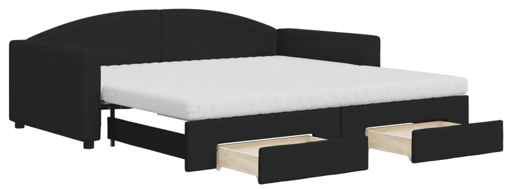 3197249 vidaXL Pat de zi cu extensie și sertare, negru, 100x200 cm, textil