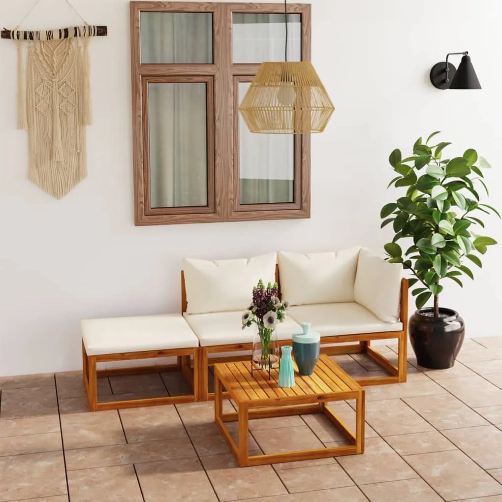 3057659 vidaXL Set mobilier grădină cu perne, 4 piese, crem, lemn masiv acacia