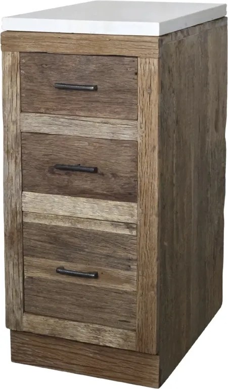 Insulă de bucătărie modulară din lemn reciclat, natur, cu blat din marmură albă, 3 sertare, 97 x 60 x 60 cm, „Grimaud”