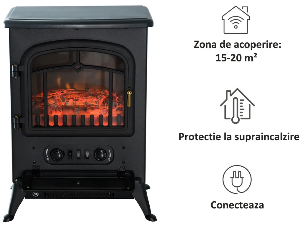 Semineu Electric cu Efect Flacara soba electrica de Podea aparat de incalzire electric 42x28x55cm Negru HOMCOM | Aosom Romania