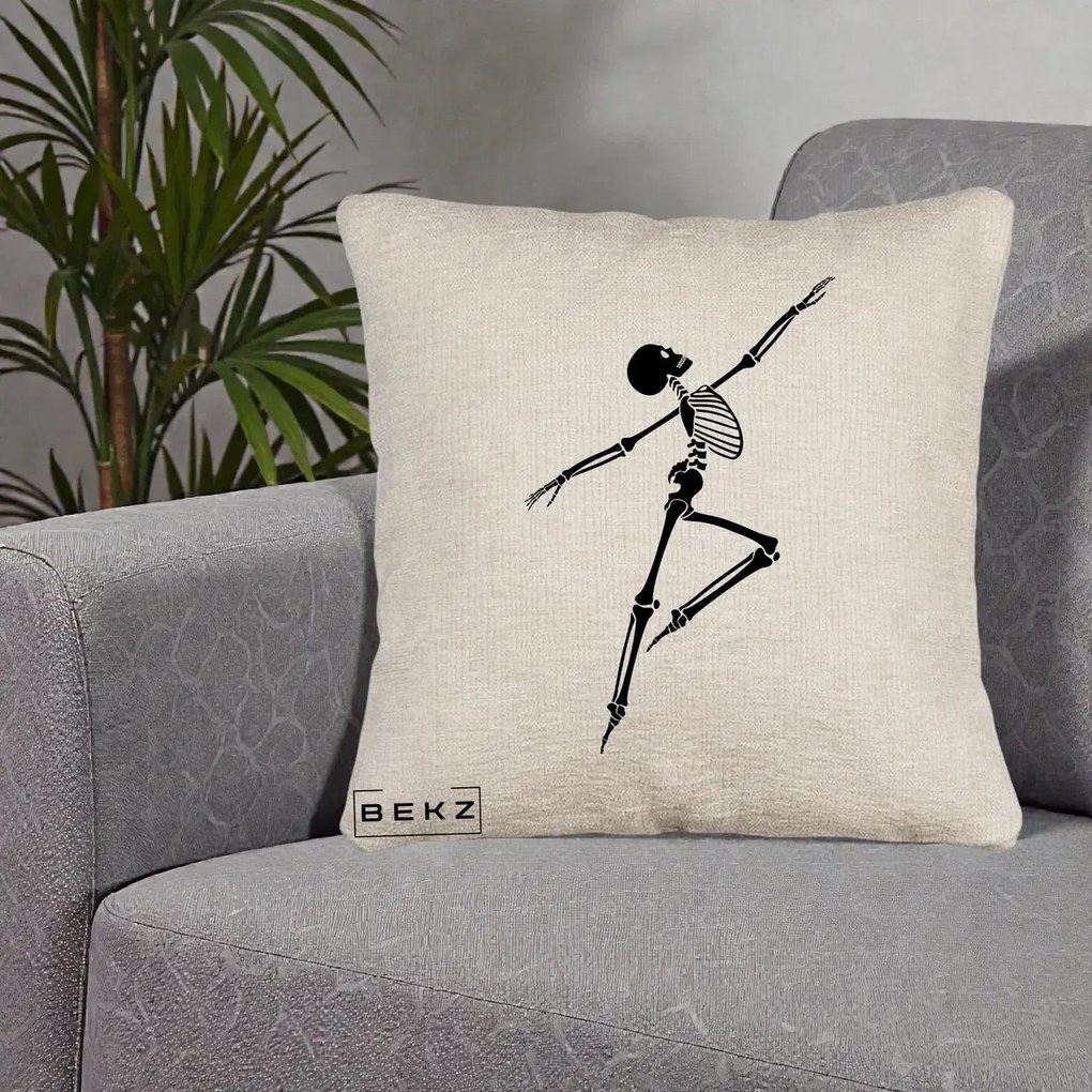 Perna Decorativa Schelet Dansator Silueta Neagra Halloween, 40x40 cm, Bej Canapea, Husa Detasabila, Perna Inclusa, BEKZ®