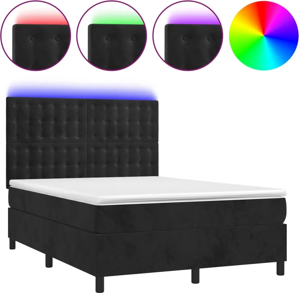 vidaXL Pat cu arcuri, saltea și LED, negru, 140x190 cm, catifea