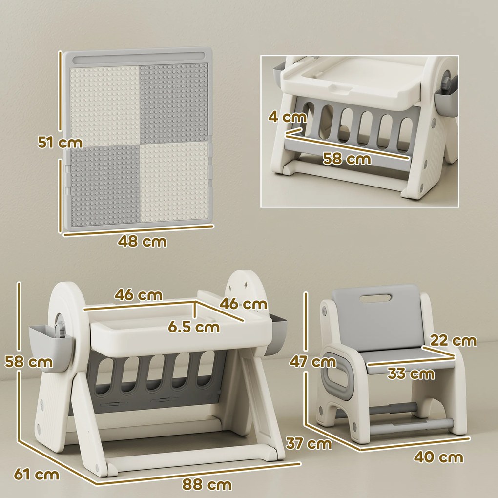 AIYAPLAY Set Masă și Scaun pentru Copii 3 în 1 cu Masă de Construcție, Tablă, Suport Convertibil și Containere, Masă Multiactivitate cu Scaun de Plastic pentru Copii 2-4 Ani pentru Cameră Copii | Aosom Romania