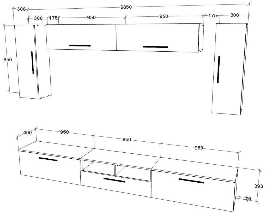 Living Kos V6, Negru/Alb Lucios, MDF, L 285 cm