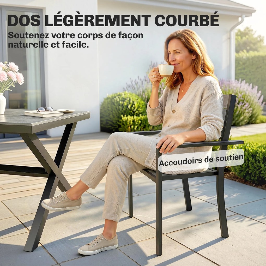 Outsunny Set de Masă pentru Exterior 7 Piese pentru 6 Persoane, Masă și Scaune Stivuite cu Lamele Efect Lemn, Cadru din Aluminiu, Gri | Aosom Romania