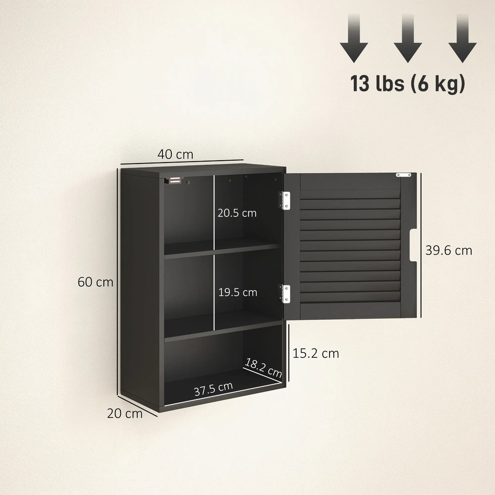 HOMCOM Dulap de Baie, Dulap Suspendat cu Rafturi Reglabile, 40 x 20 x 60 cm, Negru | Aosom Romania