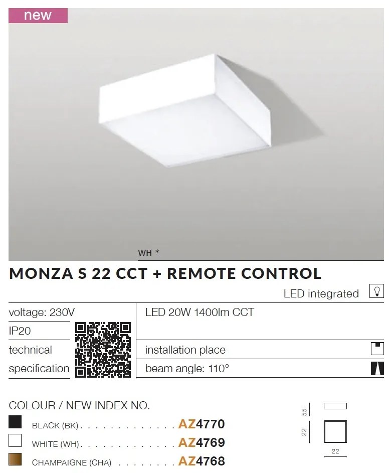 Plafoniera LED cu telecomanda design slim MONZA S 22 CCT alba